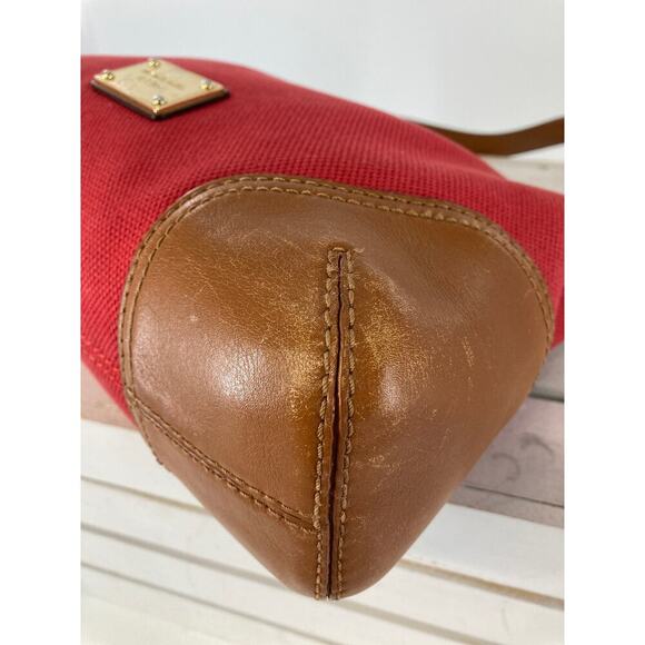 MICHAEL KORS, LARGE RED CANVAS, BROWN LEATHER SHOULDER BAG - Picture 9 of 16